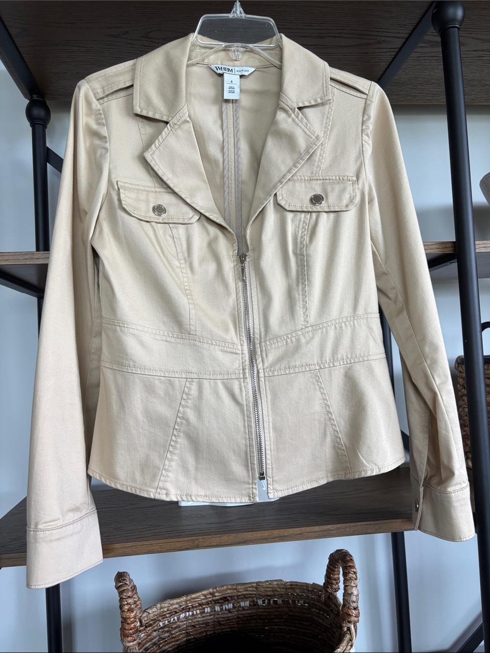 White House Black Market Beige Zip-Front Utility Jacket